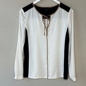 Ann Taylor Long Sleeve Tie Neck Color Block Black Cream and Tan Blouse Size 4